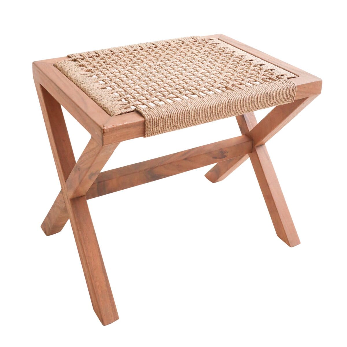 Großer Holzhocker INDRA (beige) aus Trembesi mit einer Sitzfläche aus gewebtem Recyclingpapier Soeji
